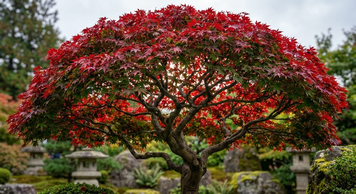 Zdrowy i perfekcyjnie uformowany Klon japoński z intensywnie czerwonymi i zielonymi liśćmi, dowód wzorowej pielęgnacji.