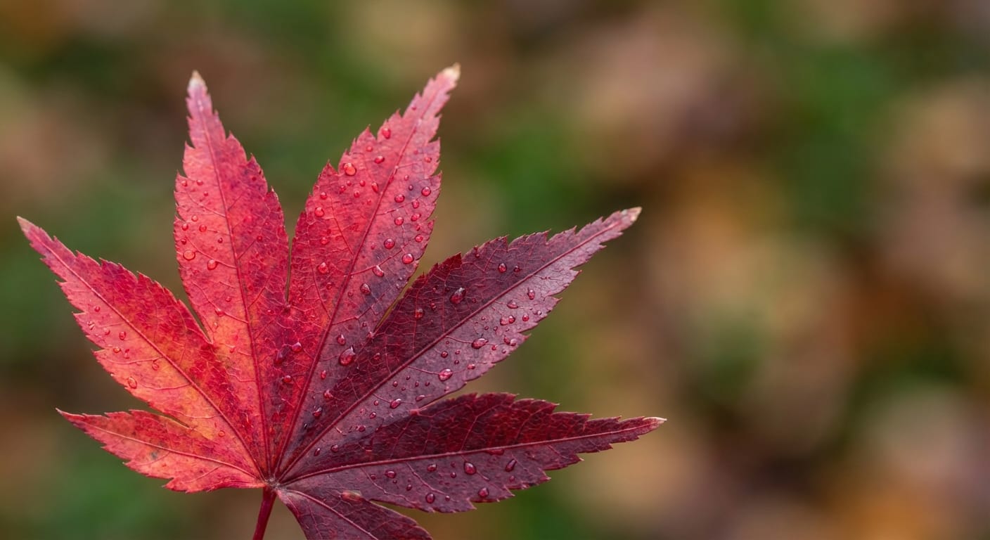 Makro zbliżenie na pięknie wybarwiony, czerwony liść klonu japońskiego z delikatnymi kroplami rosy.