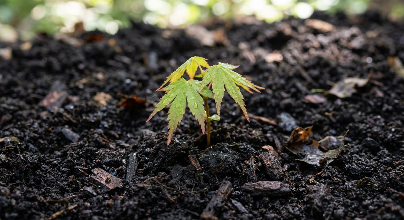 Młoda sadzonka Klonu japońskiego wyrastająca z ciemnej, żyznej gleby, symbolizująca witalność i nowy początek.